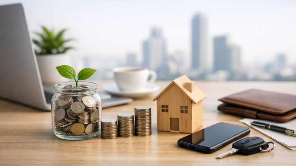 Jar of coins with plant, stacks of coins, wooden house, phone, keys, wallet, laptop, and coffee cup on desk