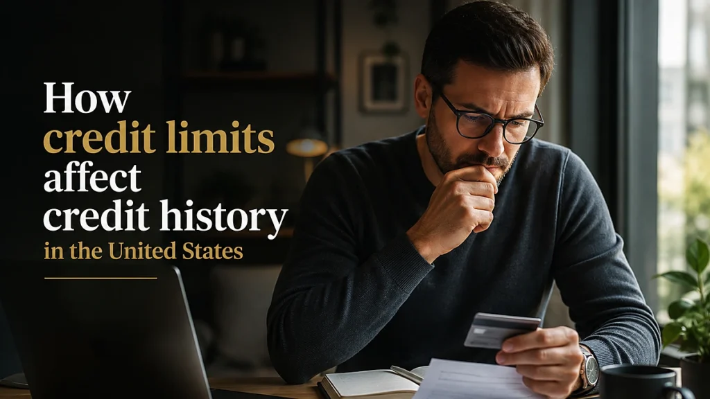 Man reviewing a credit card and bills at home, considering how credit limits affect credit history in the United States