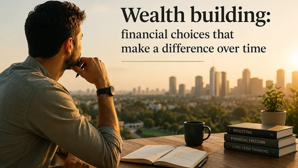Man looking out over a city skyline at sunset with a notebook, coffee, and finance books, reflecting on wealth-building financial choices