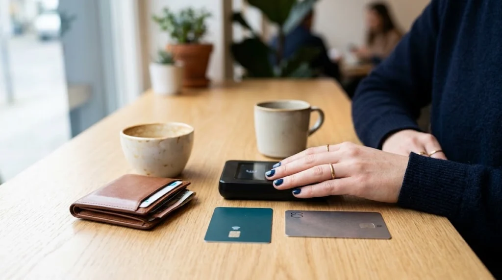 A top-down, minimalist view of a light wooden table in a cafe. A person's hand rests near a small black payment terminal next to two modern credit cards—one teal and one metallic silver—and an open leather wallet. In the background, two coffee cups sit neatly on the table, creating a clean, organized, and realistic scene.