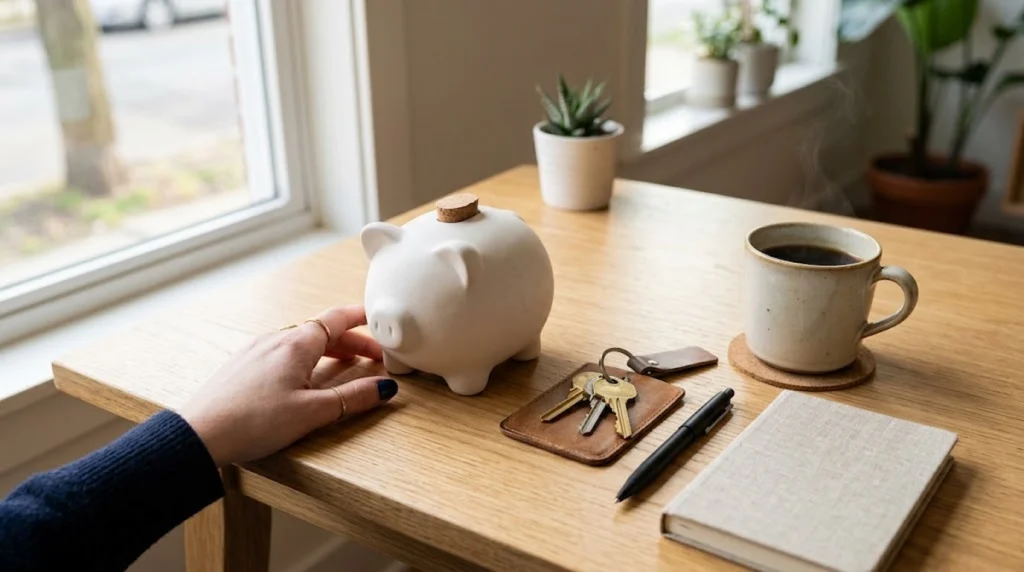 A minimalist and clean high-angle shot of a bright wooden desk illuminated by soft natural sunlight. On the table sits a sleek ceramic piggy bank, a set of house keys on a keyring, a simple ceramic coffee cup, and a pen. The scene has a calm, clutter-free composition with balanced contrast and warm natural tones.