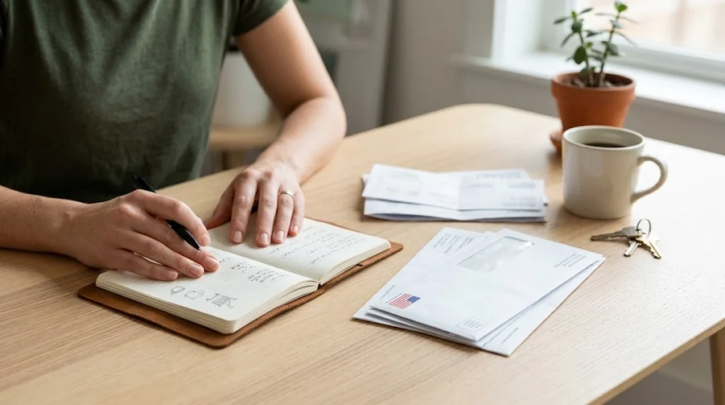A medium shot captures a person with a ring on their left hand sitting at a light wooden table, holding a pen and writing in an open leather-bound notebook. Several generic white envelopes and folded paper forms are arranged near the notebook. To the right, a classic white ceramic mug, a ring with two keys, and a small potted plant rest. The setting is bright and uncluttered, with natural light coming from a blurred window in the background.