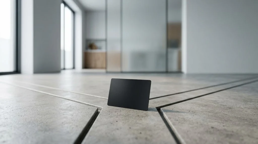 A matte black card stands upright on a light gray concrete floor at the focal point where three linear floor seams converge. The