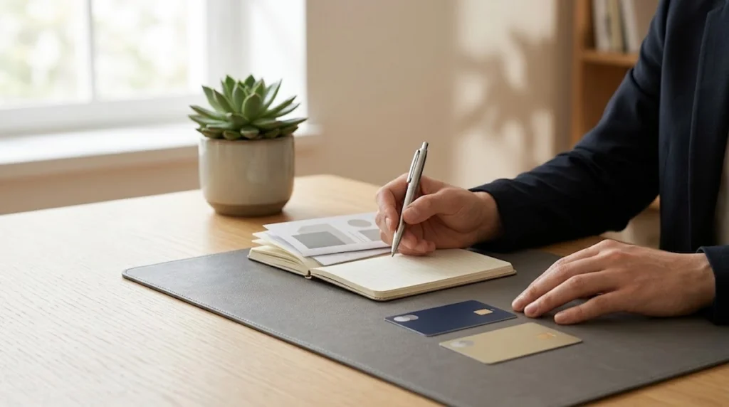 A person's hands work at a light wooden desk over a dark gray desk mat. Their right hand holds a pen and writes in an open notebook, while their left hand rests