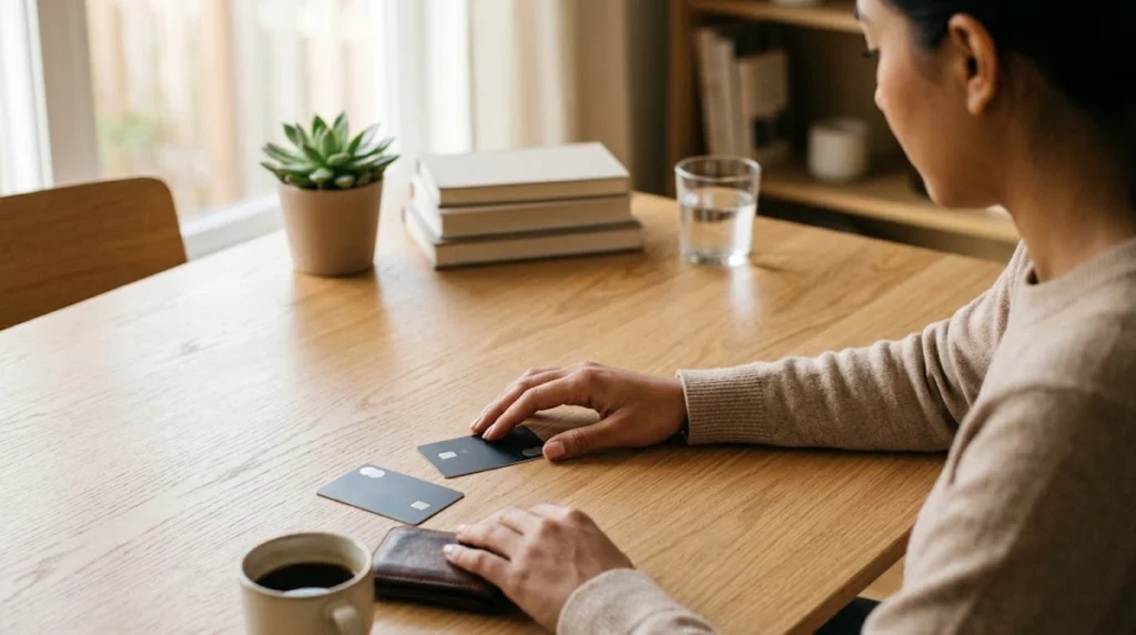 An over-the-shoulder shot of a person seated at a light wooden table, focusing on their hands arranging two black credit cards and a brown leather wallet on the sur