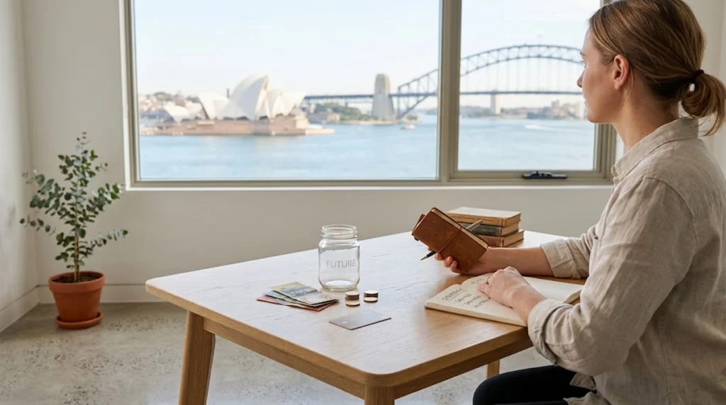 Woman holding a leather journal at a wooden table looking out a window at the Sydney skyline.