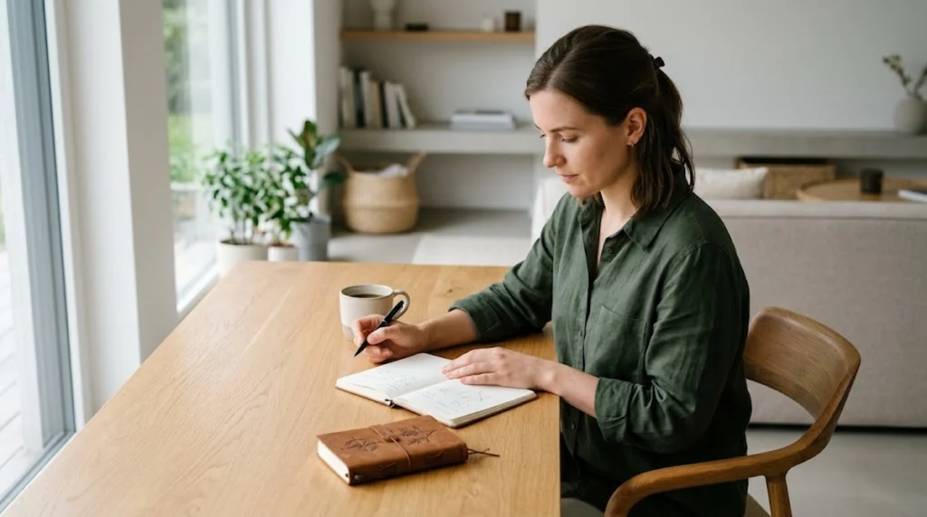 Woman in a green shirt writing in a notebook at a wooden table near a window.