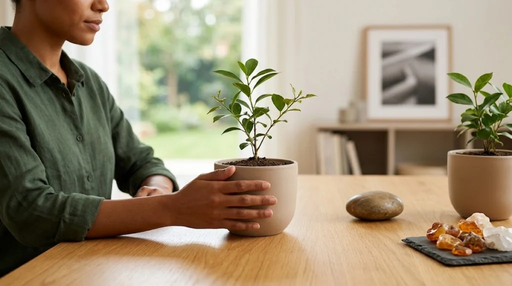 Woman placing her hand on a potted plant on a wooden table next to decorative stones and crystals.