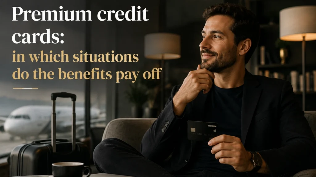Smiling man in an airport lounge holding a premium black credit card, illustrating when the benefits of premium cards are worth it