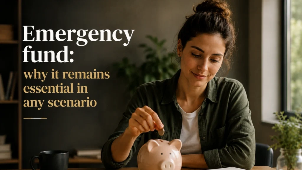 Woman smiling while putting a coin into a piggy bank, illustrating why an emergency fund remains essential in any scenario