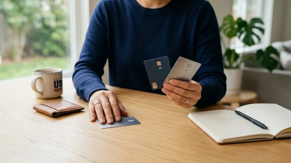 A photograph on a wooden table, featuring a person in a navy sweater. Their hands hold two unbranded, clean plastic cards—one dark navy, one light grey—side-by-side. The left hand rests on the table with visible rings. In front, there is a brown leather wallet and a mug. Behind them is an open notebook with a black pen and a blurry potted plant.