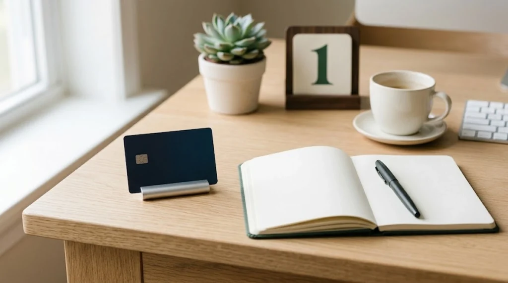 Black card in a holder, open notebook, pen, coffee cup, and succulent on a wooden desk.