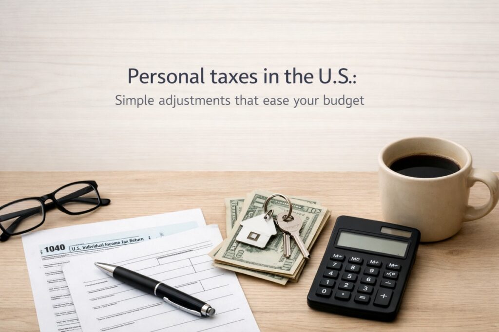 A minimalist financial workspace scene on a light wooden desk featuring a printed U.S. 1040 individual income tax return form with a black pen placed diagonally across it. Beside the document lies a small stack of U.S. dollar bills topped with a silver house-shaped keychain and keys, symbolizing home ownership or property investment. To the right, a black calculator sits next to a beige ceramic mug filled with black coffee. A pair of black-framed eyeglasses rests on the left side of the desk. At the top of the image, centered text reads “Personal taxes in the U.S.: Simple adjustments that ease your budget.” The overall composition conveys themes of tax planning, budgeting, and personal finance organization.