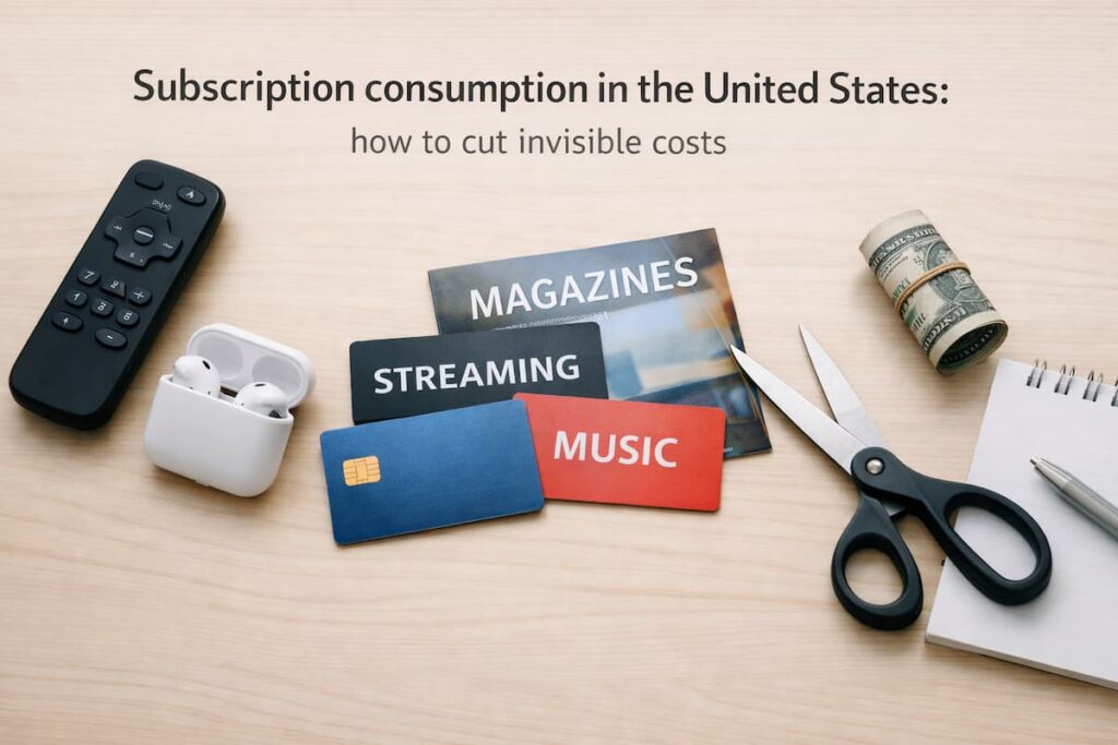 Concept image of subscription consumption in the United States with streaming, music, and magazine subscriptions, credit card, remote control, scissors, and cash representing cutting hidden subscription costs.