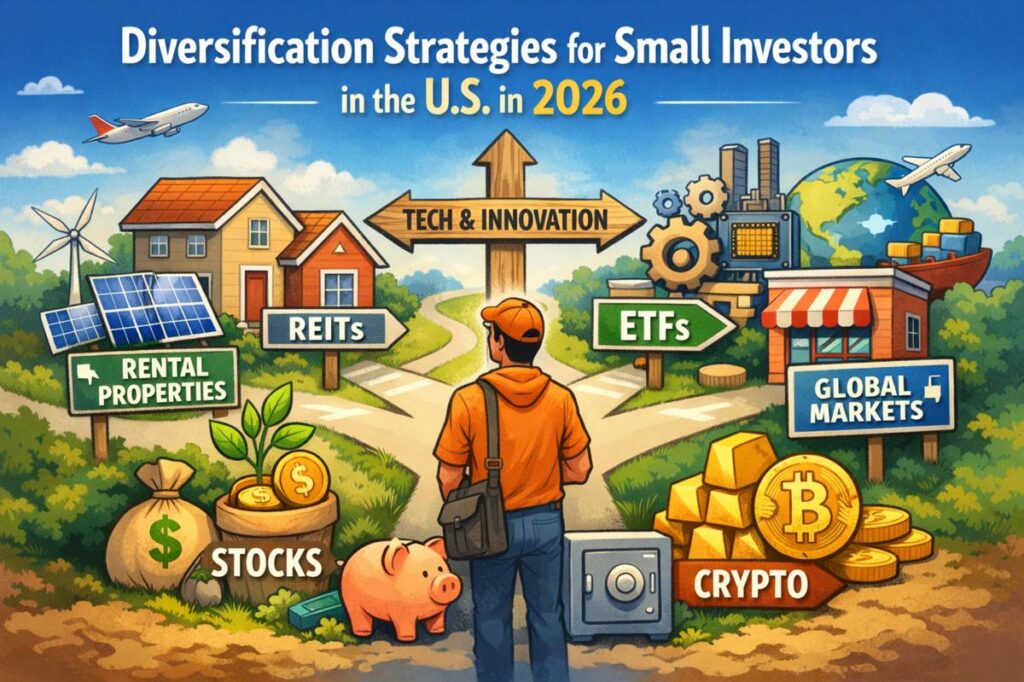 Diversification strategies for small investors in the U.S. in 2026, showing investment options like stocks, ETFs, real estate, crypto, and global markets in a visual financial planning concept.