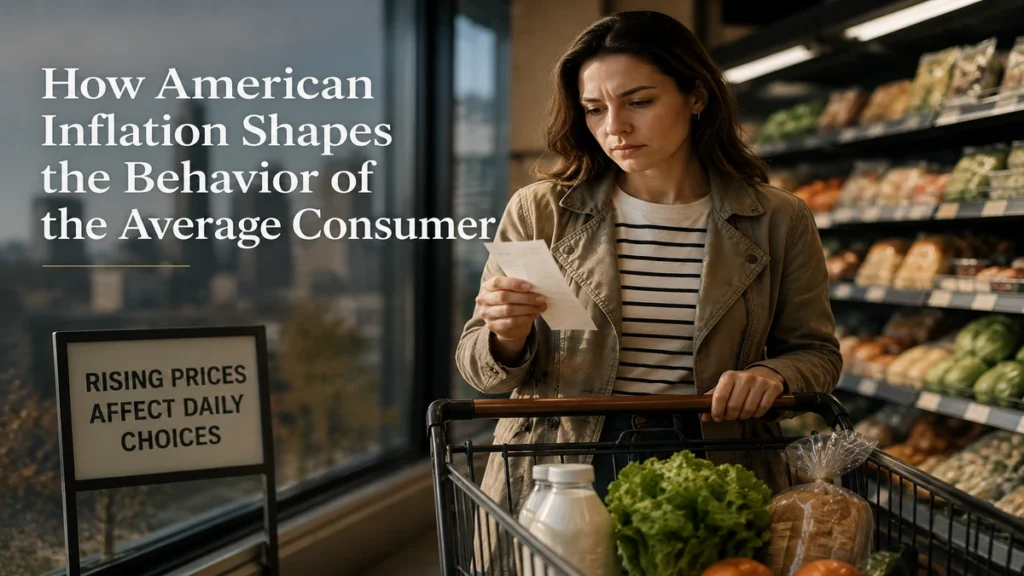 Woman grocery shopping in an American supermarket while reviewing prices and receipts, illustrating how inflation influences consumer behavior and everyday purchasing decisions.