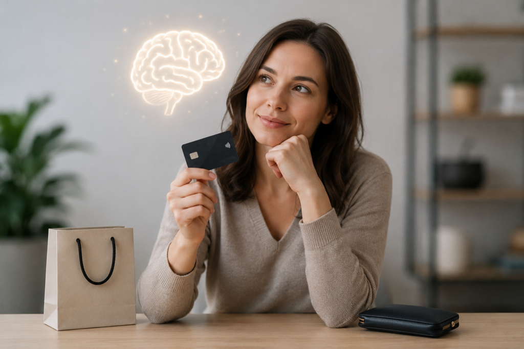 Woman holding a credit card while reflecting on financial decisions at a minimalist desk, symbolizing the psychological impact of increased spending power and consumer behavior. The scene features a thoughtful expression, a shopping bag, a wallet, and a subtle brain-shaped light effect in a clean modern environment, illustrating how a higher credit card limit can influence confidence, purchasing choices, and financial perception.