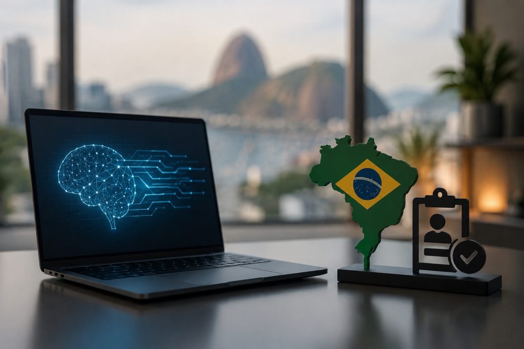 A realistic and minimalist technology-focused workspace featuring an open laptop displaying a glowing artificial intelligence neural network interface. Beside the computer, a stylized map of Brazil with national colors stands next to a digital identity verification symbol, representing modern credit evaluation processes. The softly blurred urban landscape in the background creates a professional financial environment, while balanced lighting and clean composition emphasize innovation, digital transformation, and the growing role of artificial intelligence in shaping finances and lending decisions across Brazil.
