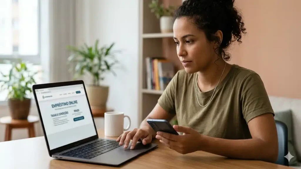 Mulher analisando opções de empréstimo online em um notebook enquanto segura o celular, sentada em casa com ambiente organizado, representando pesquisa de taxas, comparação de crédito e tomada de decisão financeira sobre empréstimo no Brasil.