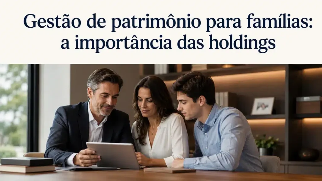 Família reunida em um escritório moderno e elegante analisando informações em um tablet sobre gestão patrimonial e holdings familiares. A cena transmite organização, planejamento sucessório e segurança financeira, com iluminação suave, ambiente minimalista e foco em finanças e proteção de patrimônio familiar.