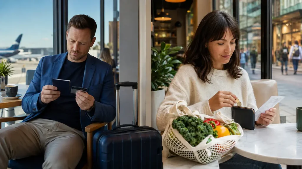 Traveler compares miles while a shopper evaluates cashback for everyday purchases.
