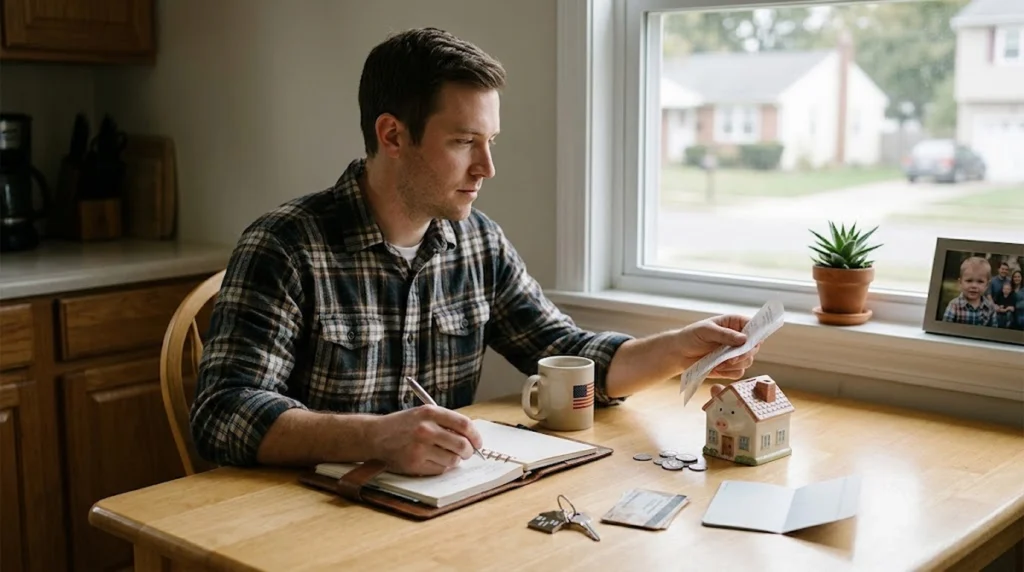 A photo featuring a man seated at a wooden table in a domestic setting, thoughtfully examining a physical paper receipt and penning thoughts in a notebook with a pen. Alongside, a small house-shaped piggy bank with scattered coins, keys, and a basic commuter pass represent everyday financial choices and long-term goals. The background remains soft and blurred.