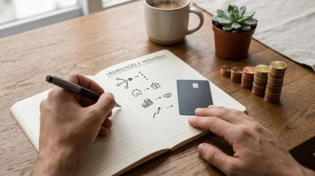 Person drawing financial diagrams in a notebook next to a credit card, coin stacks, and coffee.
