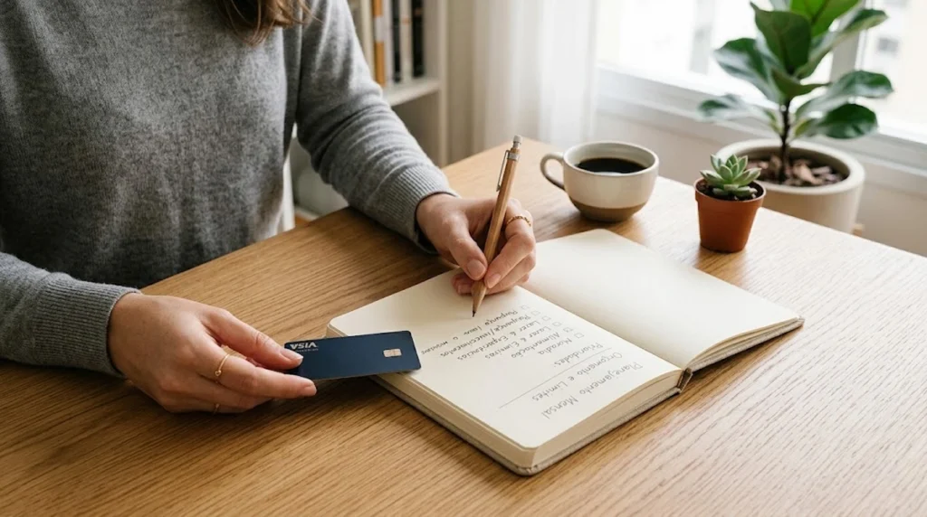 Person holding a credit card while writing a budget checklist in a notebook at a desk.