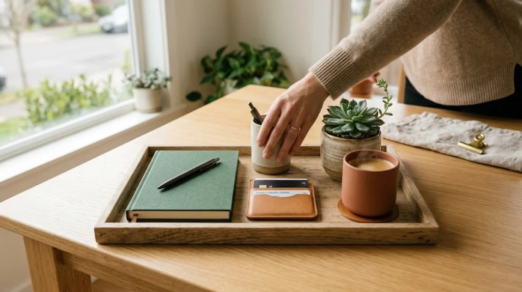 An angled high-angle shot showing a person's hand reaching toward a small ceramic pen holder on a light wooden tray set on a wooden desk. Inside the tray rest a clo