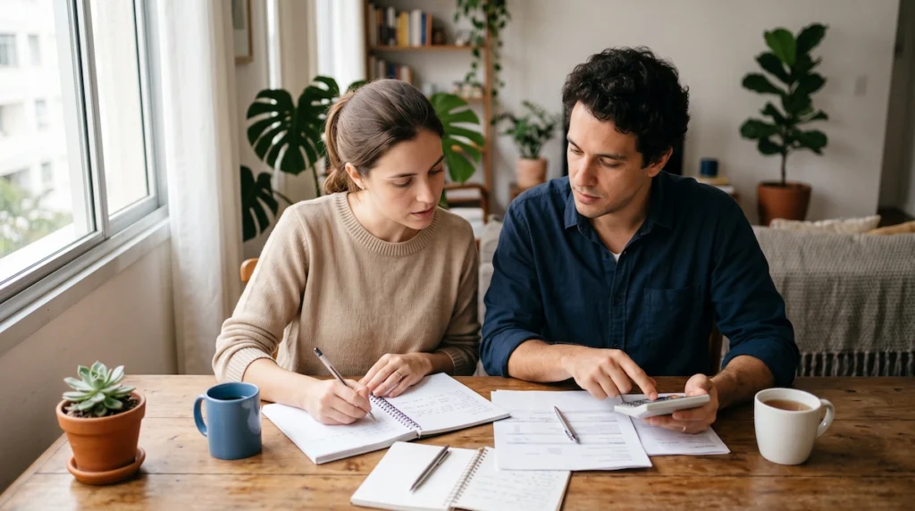 Couple at a wooden table reviewing financial papers and calculating numbers together.
