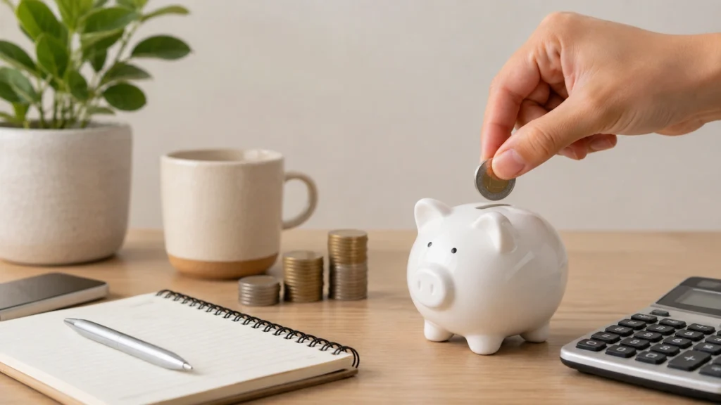 Hand inserting a coin into a white piggy bank next to coin stacks, a cup, and a calculator.