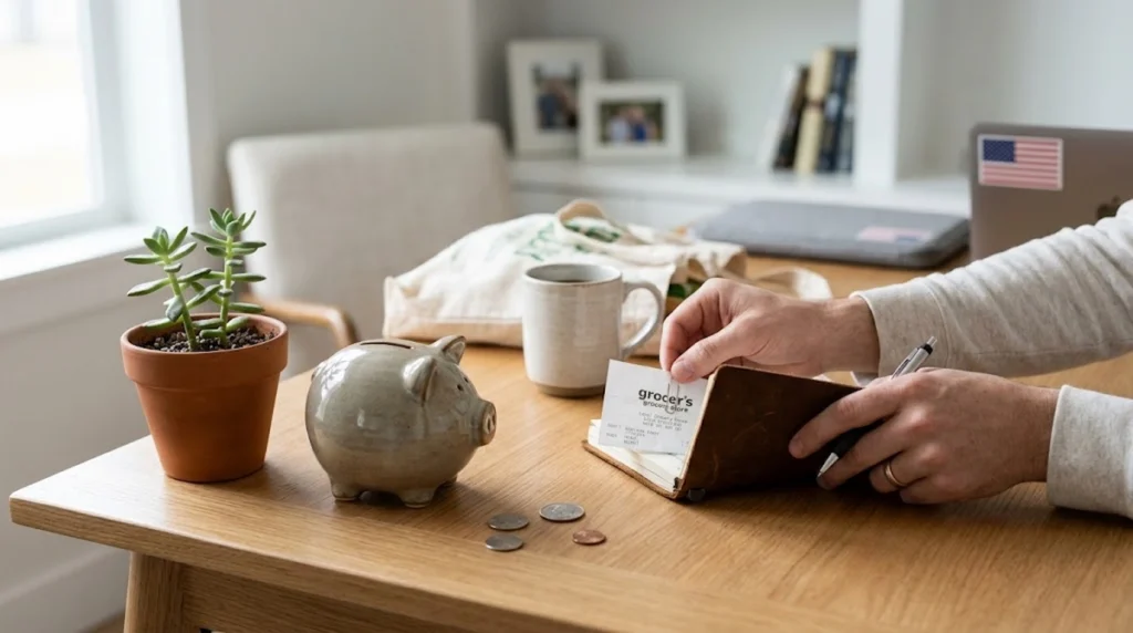 Man attaching a store receipt to a journal near a piggy bank, coffee mug, coins, and plant.