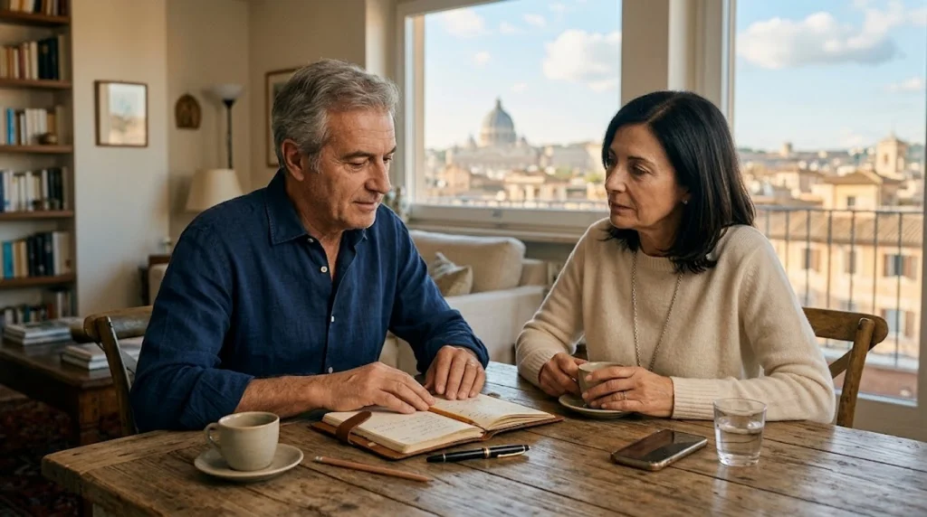 Older couple sitting at a wooden table discussing notes in an open planner in a room with a view.