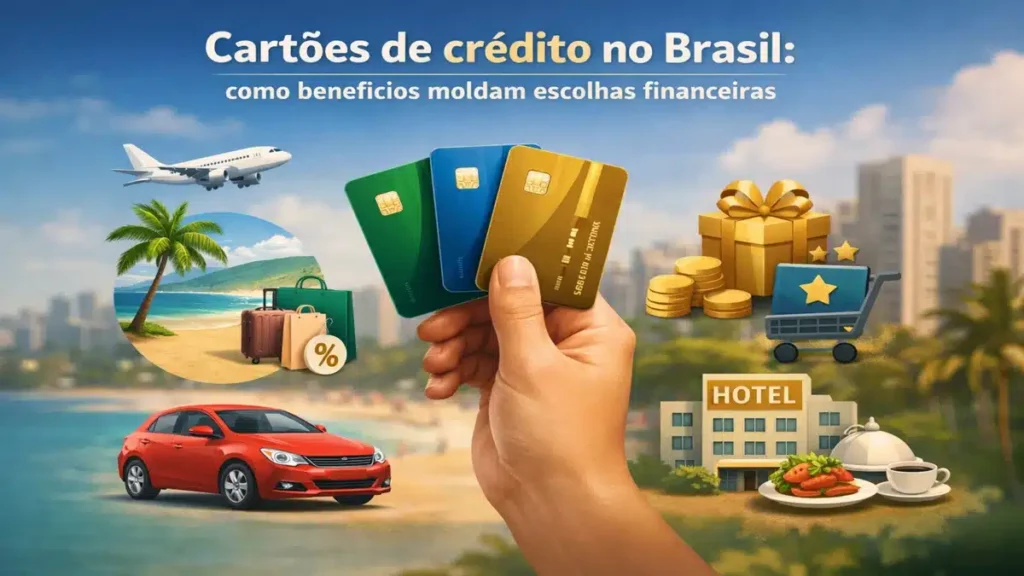 Cartões de crédito no Brasil com benefícios como milhas aéreas, cashback, viagens, compras e hospedagem, representados por mão segurando cartões com ícones de avião, hotel, carro e recompensas financeiras.
