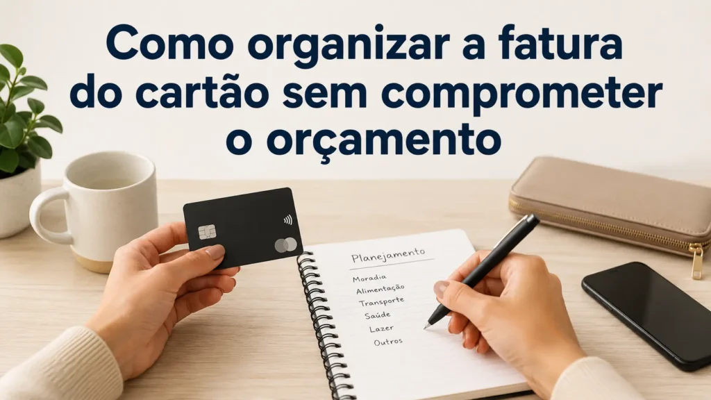 Cartão de crédito ao lado de um caderno de planejamento financeiro sobre uma mesa, enquanto uma pessoa organiza os gastos para manter a fatura sem comprometer o orçamento.