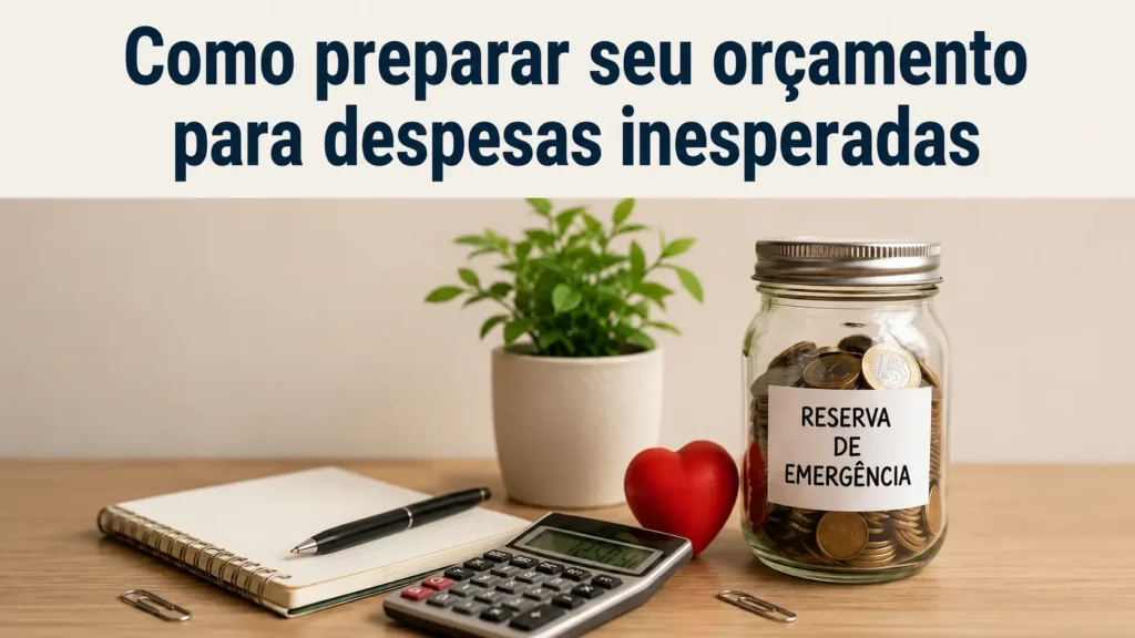 Imagem sobre finanças mostrando um orçamento para despesas inesperadas, com caderno, calculadora e pote de reserva para imprevistos sobre uma mesa.