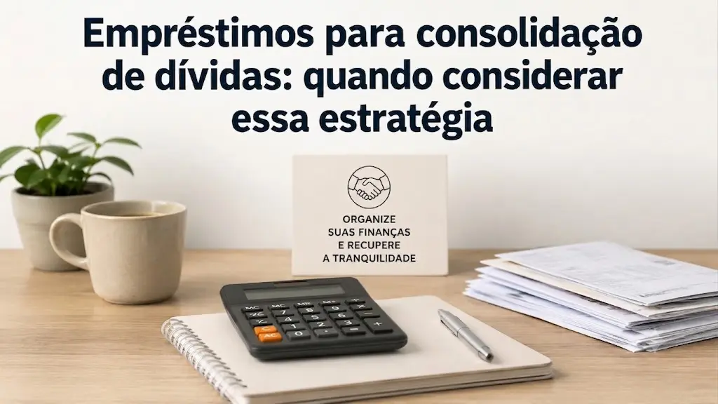Imagem ilustrativa sobre empréstimos para consolidação de dívidas mostrando calculadora, caderno, documentos organizados e uma mesa de trabalho com foco em planejamento financeiro.