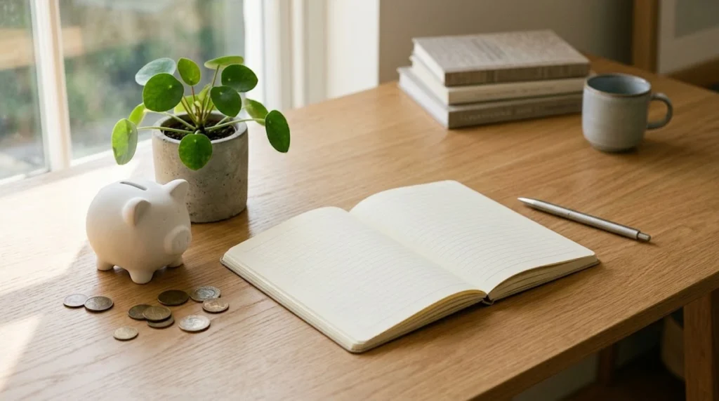 Fotografia realista e minimalista sob luz natural. Sobre uma mesa de madeira clara, há um caderno aberto com páginas pautadas sem anotações. Ao lado direito do caderno, repousam uma caneta metálica elegante e um pequeno cofre de cerâmica em formato de cofrinho. No canto superior esquerdo, um vaso minimalista com uma planta verde de folhas redondas complementa o ambiente. A composição é limpa, organizada e possui tons neutros com contrastes suaves.