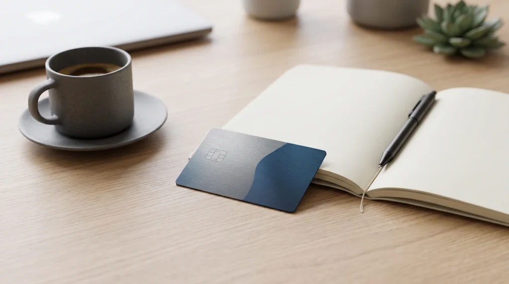 Caderno aberto pautado com caneta e xícara de café sobre mesa de mármore branco. Foto minimalista e realista.