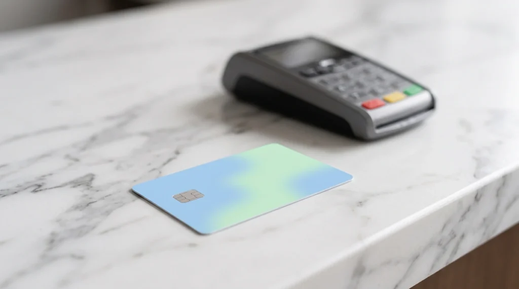 Cartão de crédito branco e minimalista com chip dourado sobre bancada de mármore branco com maquininha de cartão desfocada ao fundo.