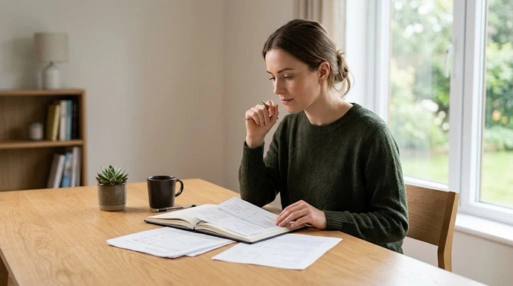 Uma mulher de suéter verde está sentada à mesa de madeira em um ambiente bem iluminado, focada na análise de documentos e um caderno aberto. Ela segura uma caneta, com uma expressão de reflexão e concentração. Sobre a mesa, há uma xícara, uma pequena planta e folhas de papel espalhadas. Ao fundo, vê-se uma janela que dá para um jardim e uma estante de livros, criando uma atmosfera de calma e organização para a tomada de decisões financeiras.