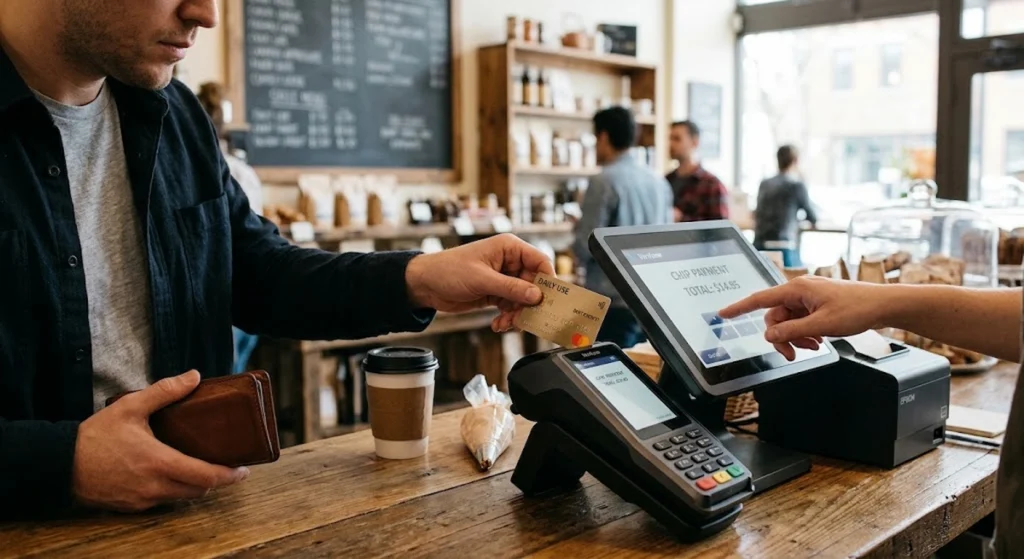 Man tapping credit card on a payment terminal at a coffee shop counter.