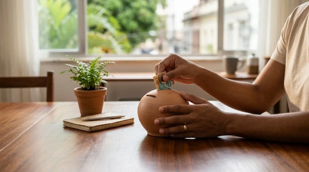 Uma pessoa inserindo uma nota de real brasileiro em um cofrinho de cerâmica sobre uma mesa de madeira.