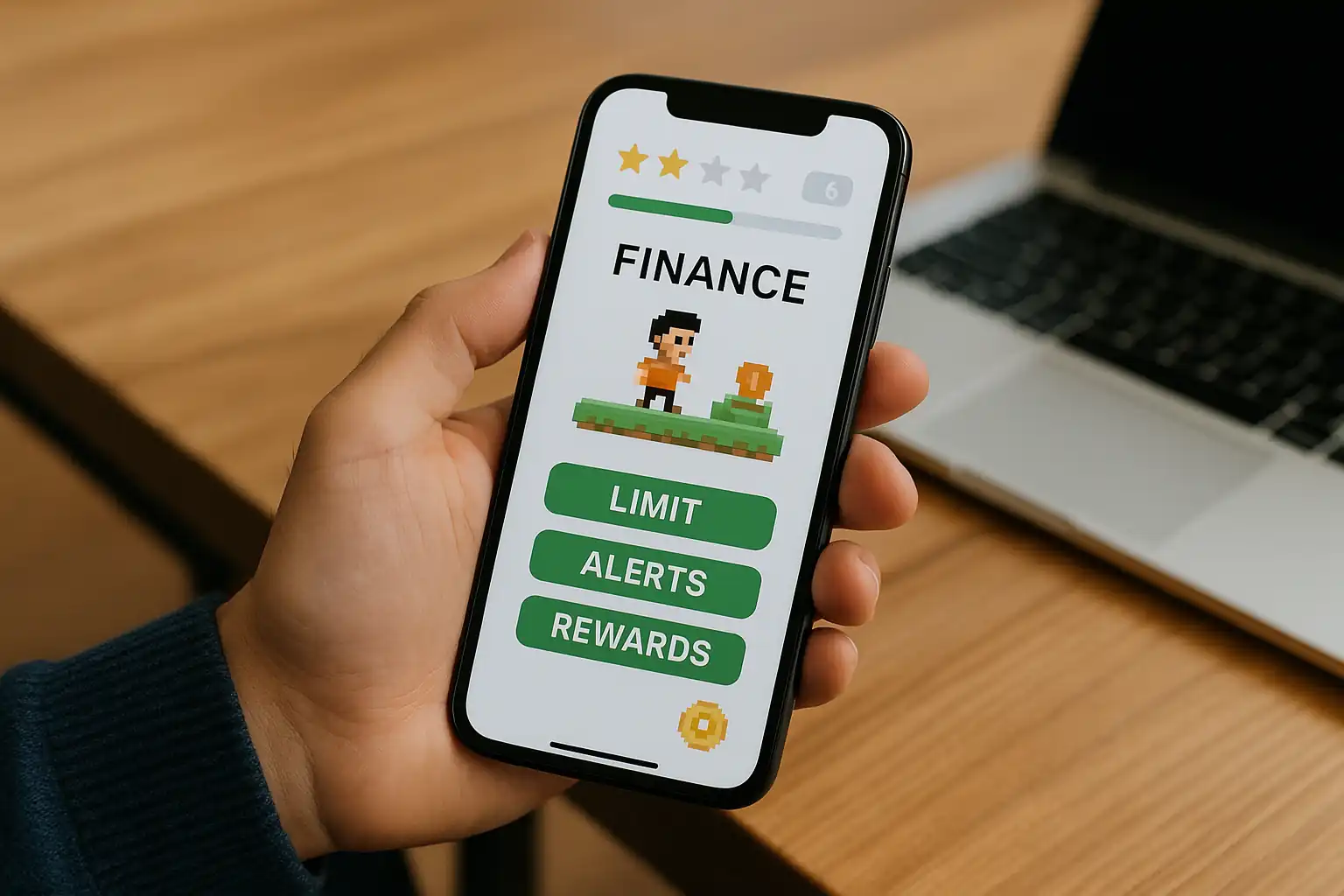 Homem usando aplicativo de celular com interface lúdica de árvore com moedas, representando a aplicação da gamificação financeira para incentivar hábitos de poupança e investimento.