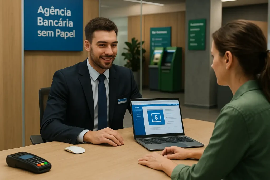 Atendente de banco em uma agência bancária sem papel mostrando serviços digitais no notebook para cliente.