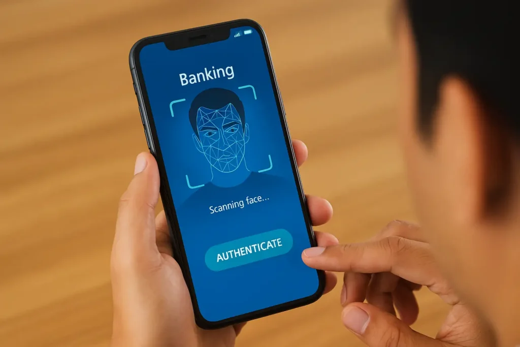 Cliente utilizando biometria facial para autenticar transações em aplicativo bancário no celular.