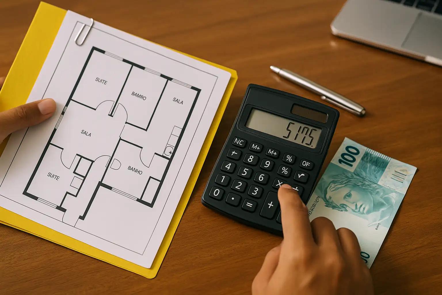 Assinatura de contrato ao lado de maquete de casa e notas de 100 reais, simbolizando consórcios no Brasil como alternativa ao financiamento.