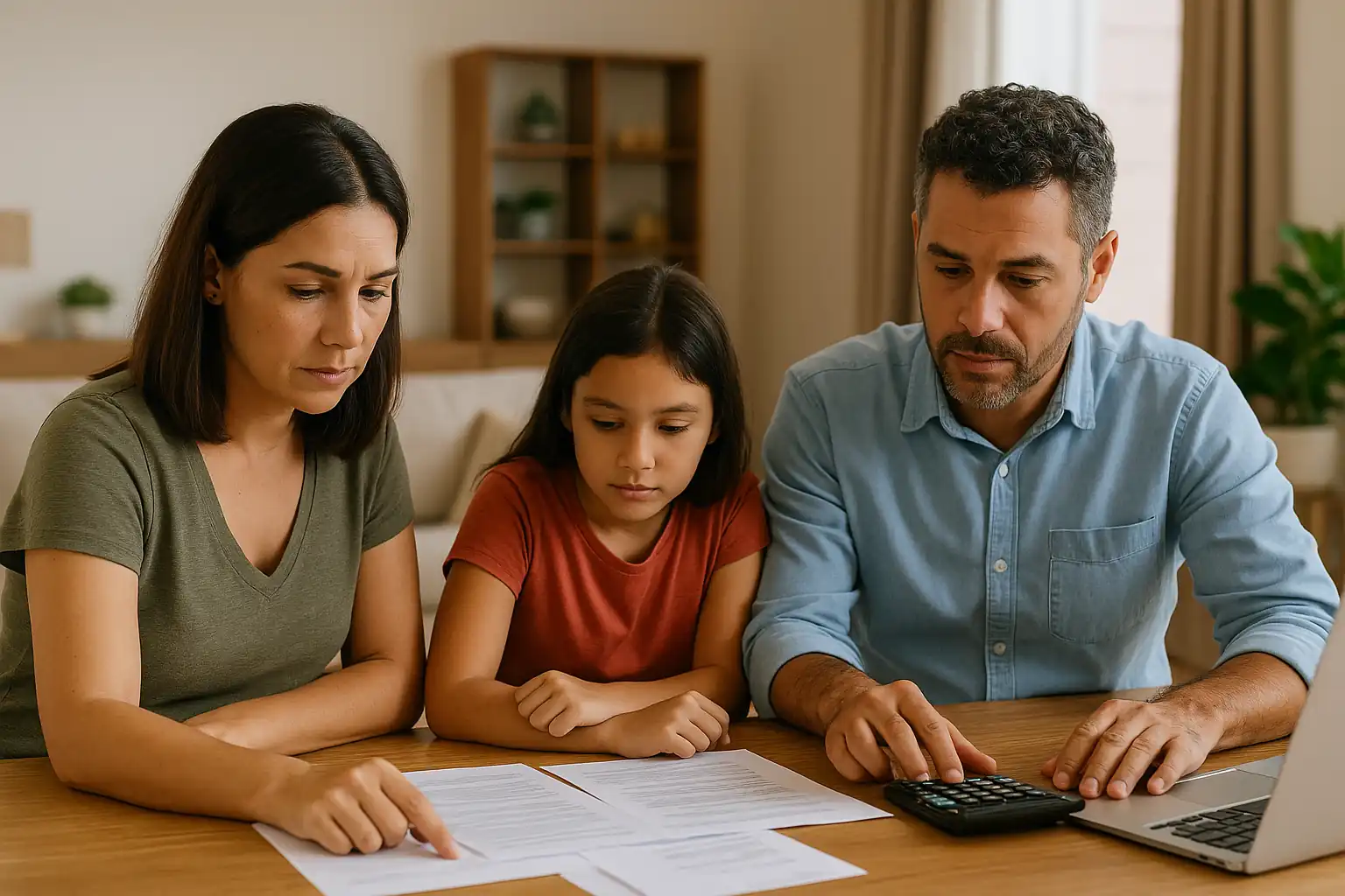Casal sentado à mesa organizando o orçamento familiar com notebook, celular e calculadora em um ambiente moderno e iluminado.