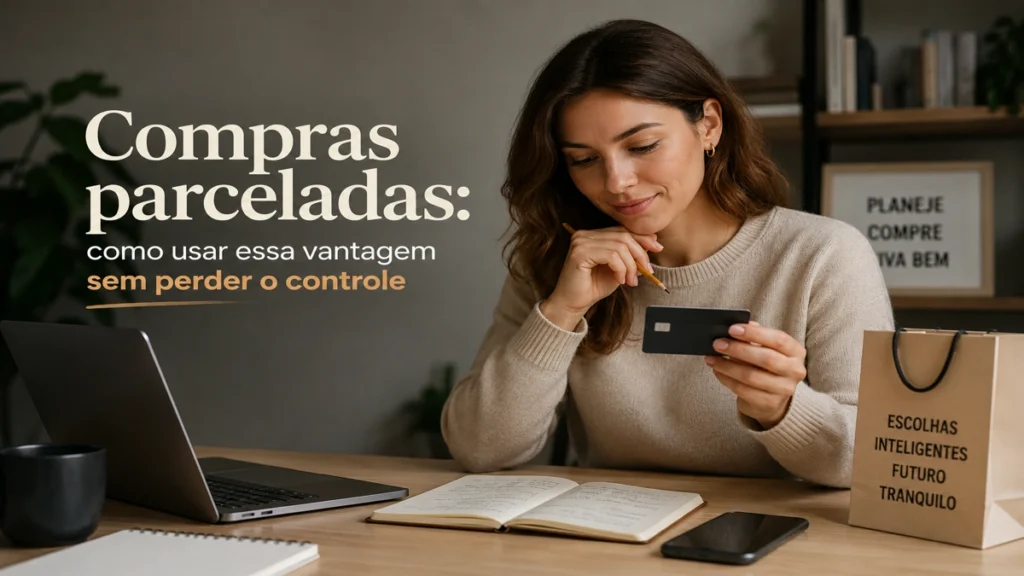 Mulher analisando compras parceladas com cartão de crédito em um escritório moderno, ilustrando como aproveitar o parcelamento sem perder o controle financeiro, em uma composição editorial sofisticada e profissional.