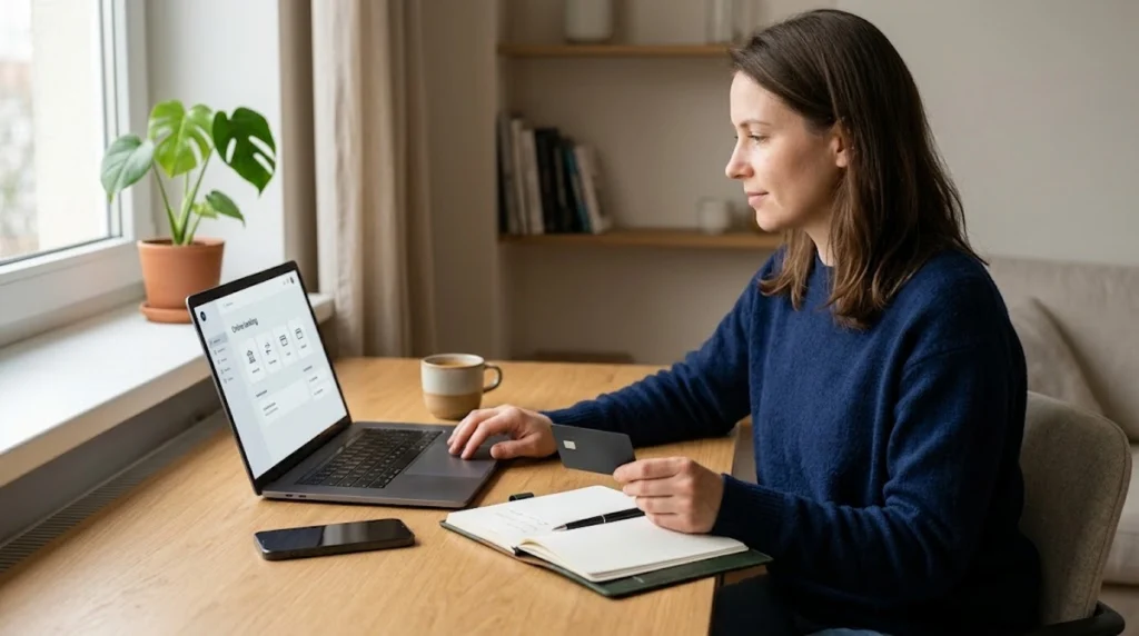Uma mulher de suéter azul sentada à mesa de madeira, segurando um cartão de crédito preto e olhando para um notebook aberto. O notebook exibe o que parece ser um site ou aplicativo de banco. À frente dela, há um caderno aberto com uma caneta e um smartphone. Há também uma xícara de café sobre a mesa. Ao fundo, vê-se uma janela com uma planta no peitoril e, ao longe, uma estante de livros.